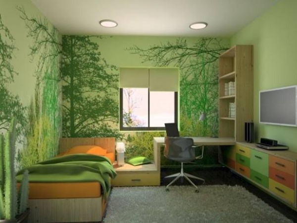 зеленые фотообои в интерьере кухни, спальни, гостиной