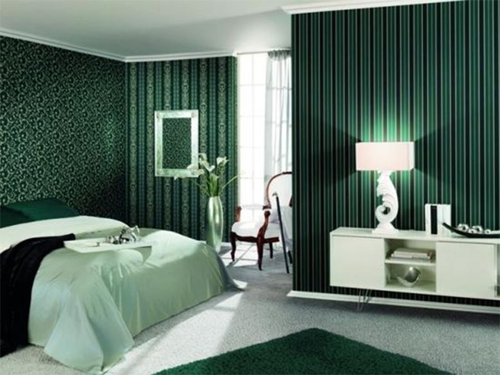 Светло зеленые обои в интерьере спальни