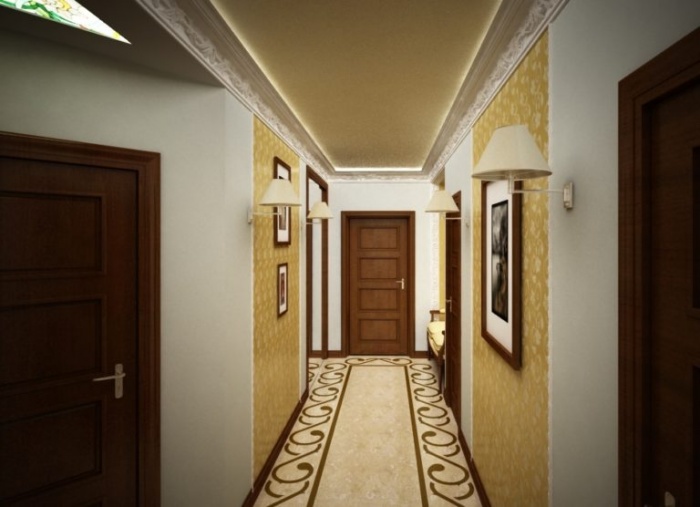 Дизайн длинного коридора в трехкомнатной квартире