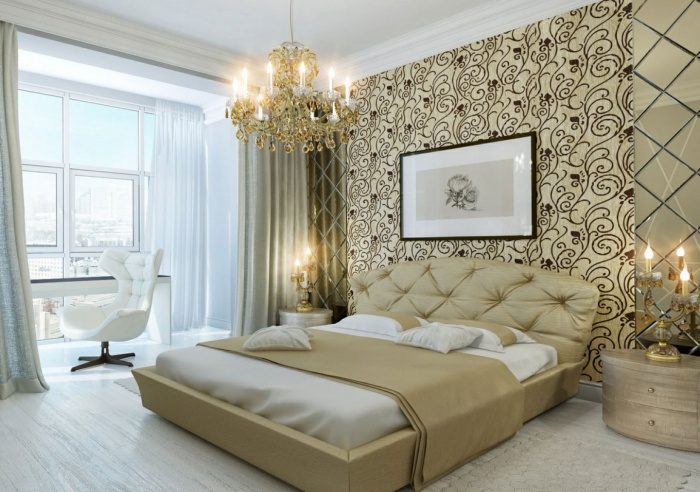 Unutrašnjost spavaće sobe s dvije vrste tapeta za ne-trivijalni dizajn