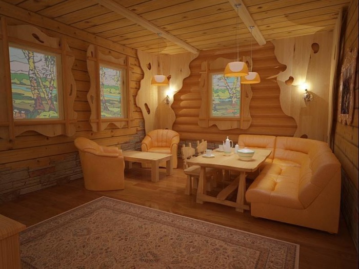 Комната отдыха в бане в современном стиле в светлых тонах